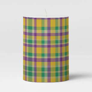 Colorful Mardi Gras gingham patterned Pillar Candle