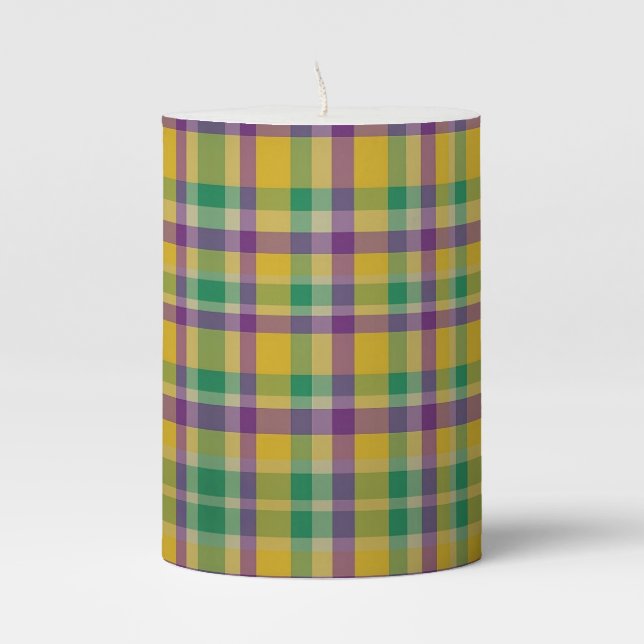 Colorful Mardi Gras gingham patterned Pillar Candle (Front)