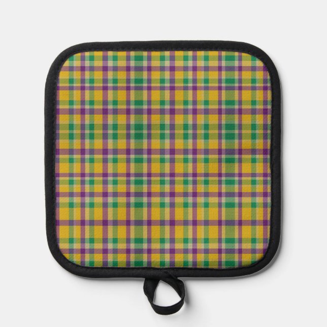 Colorful Mardi Gras gingham patterned Pot Holder (Front)