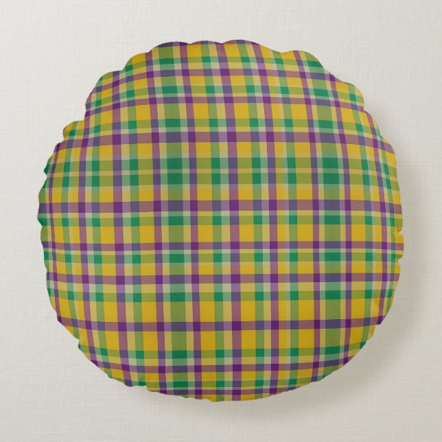 Colorful Mardi Gras gingham patterned Round Pillow (Front)