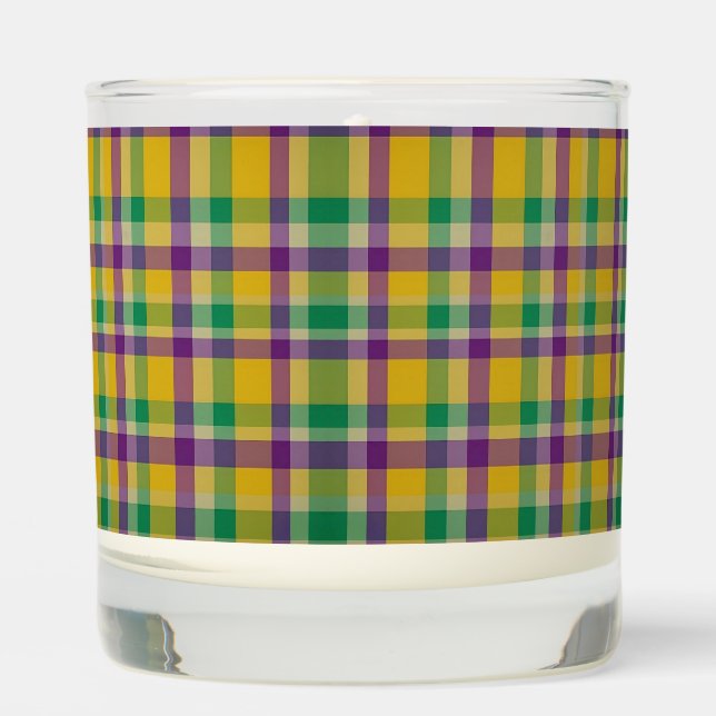 Colorful Mardi Gras gingham patterned Scented Candle (Front)