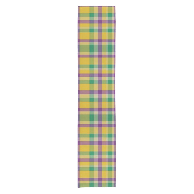 Colorful Mardi Gras gingham patterned Short Table Runner (Front)