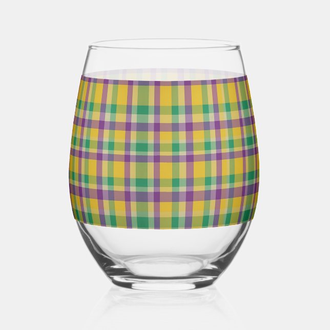 Colorful Mardi Gras gingham patterned Stemless Wine Glass (Front)