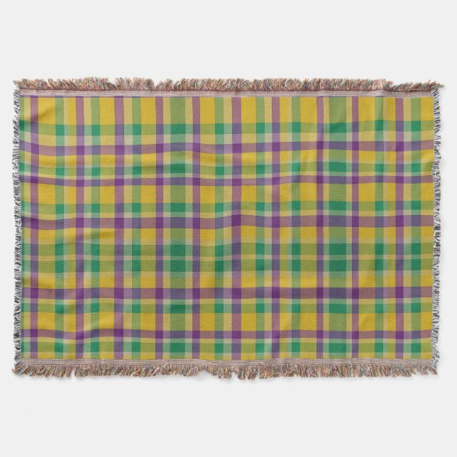 Colorful Mardi Gras gingham patterned Throw Blanket (Front)