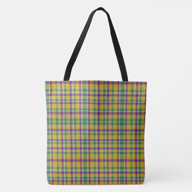 Colorful Mardi Gras gingham patterned Tote Bag (Front)
