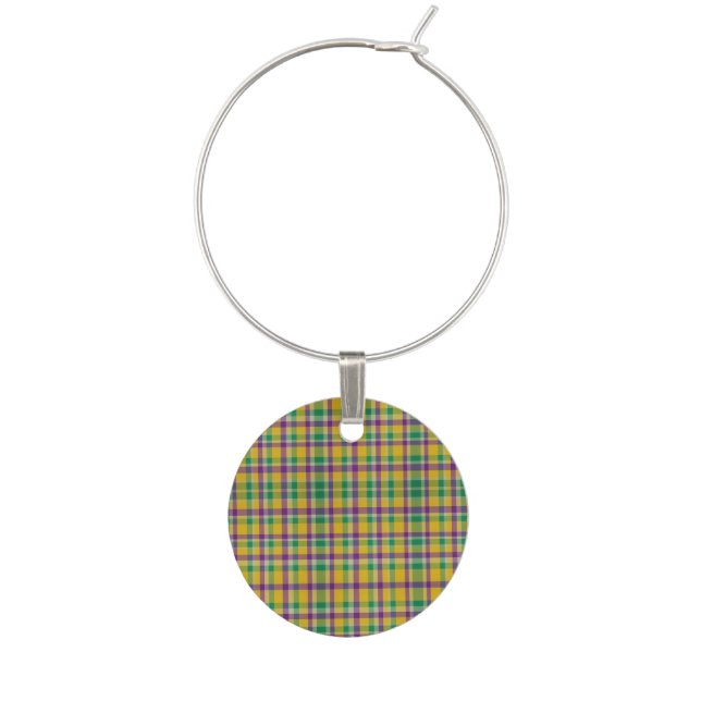 Colorful Mardi Gras gingham patterned Wine Charm (Front)
