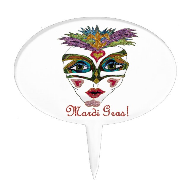 Colorful Mardi Gras Glitter Feather Mask Cake Topper (Front)