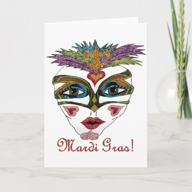 Colorful Mardi Gras Glitter Feather Mask Card (Front)