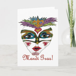 Colorful Mardi Gras Glitter Feather Mask Card