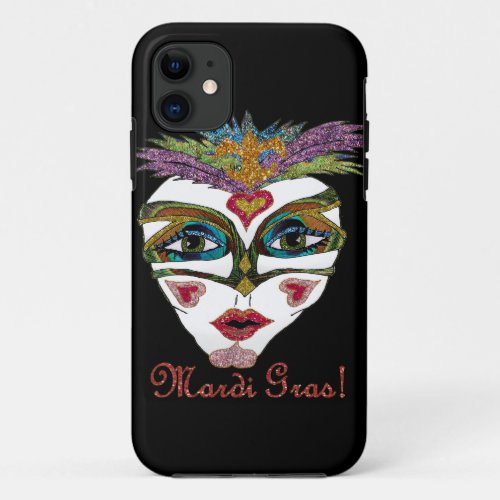 Colorful Mardi Gras Glitter Feather Mask iPhone 11 Case