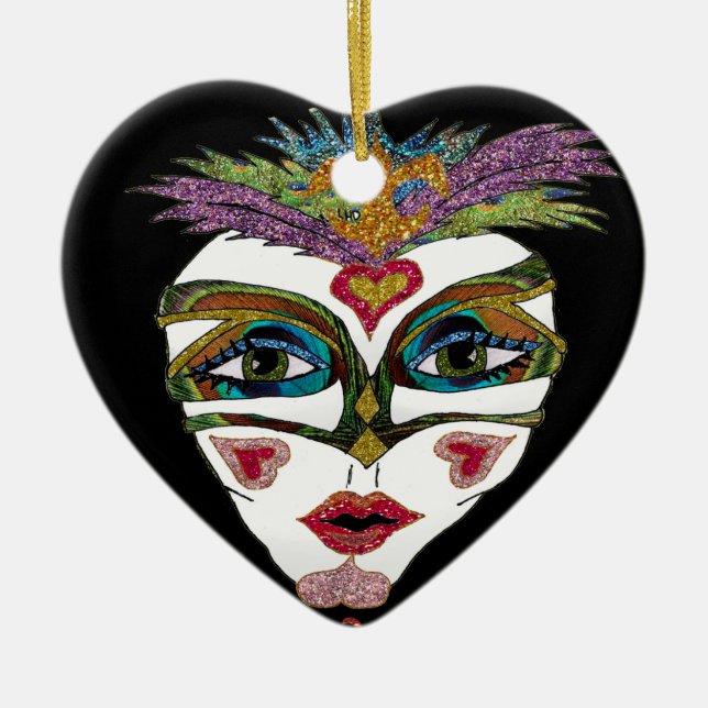 Colorful Mardi Gras Glitter Feather Mask Ceramic Ornament (Front)