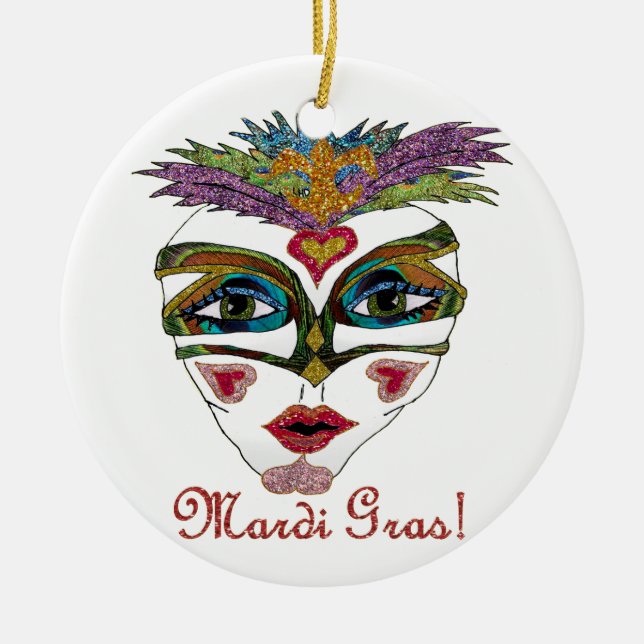Colorful Mardi Gras Glitter Feather Mask Ceramic Ornament (Front)