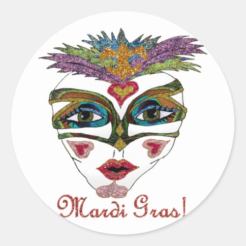 Colorful Mardi Gras Glitter Feather Mask Classic Round Sticker