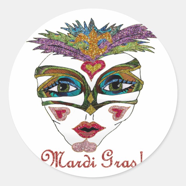 Colorful Mardi Gras Glitter Feather Mask Classic Round Sticker (Front)