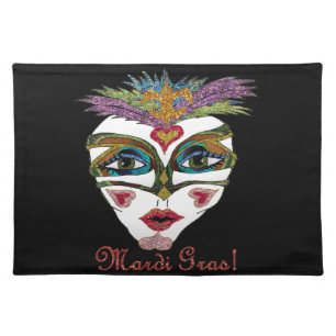 Colorful Mardi Gras Glitter Feather Mask Cloth Placemat