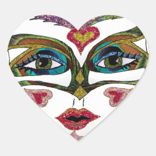 Colorful Mardi Gras Glitter Feather Mask Heart Sticker