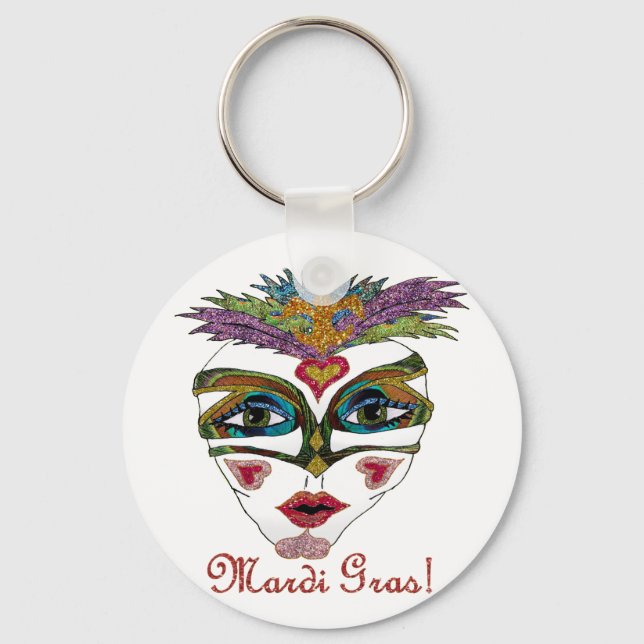 Colorful Mardi Gras Glitter Feather Mask Keychain (Front)