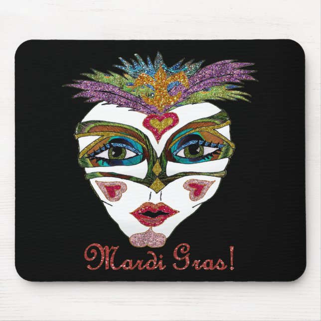 Colorful Mardi Gras Glitter Feather Mask Mouse Pad (Front)