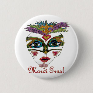 Colorful Mardi Gras Glitter Feather Mask Pinback Button