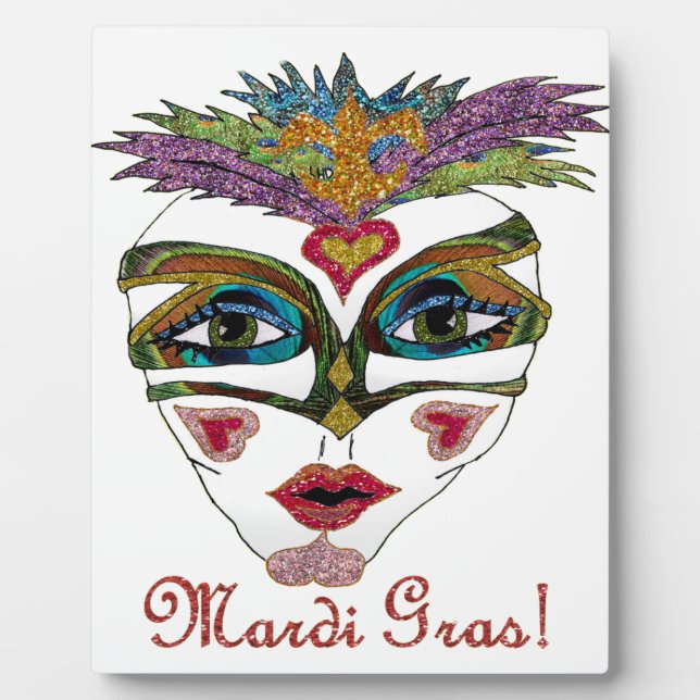 Colorful Mardi Gras Glitter Feather Mask Plaque (Front)