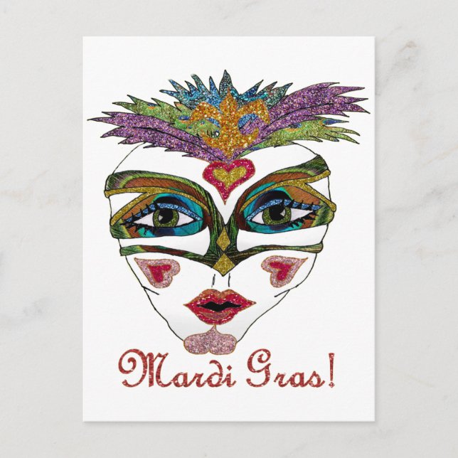Colorful Mardi Gras Glitter Feather Mask Postcard (Front)