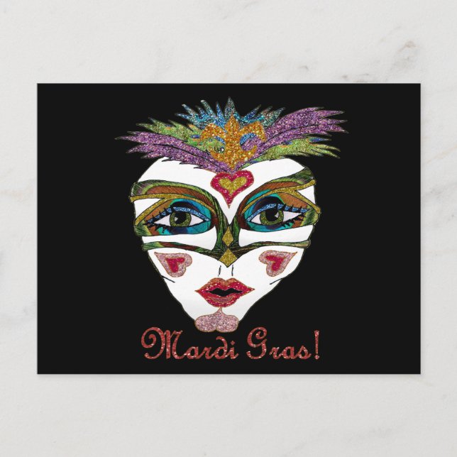 Colorful Mardi Gras Glitter Feather Mask Postcard (Front)