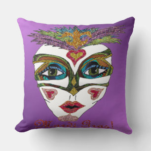 Colorful Mardi Gras Glitter Feather Mask Purple Throw Pillow