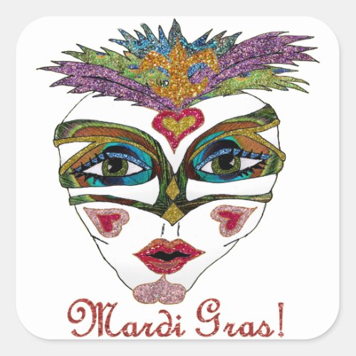 Colorful Mardi Gras Glitter Feather Mask Square Sticker