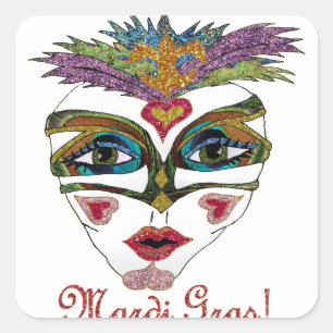 Colorful Mardi Gras Glitter Feather Mask Square Sticker