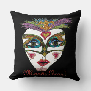 Colorful Mardi Gras Glitter Feather Mask Throw Pillow