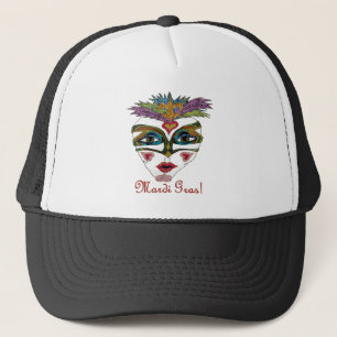 Colorful Mardi Gras Glitter Feather Mask Trucker Hat