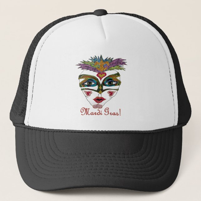 Colorful Mardi Gras Glitter Feather Mask Trucker Hat (Front)