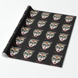 Colorful Mardi Gras Glitter Feather Mask Wrapping Paper