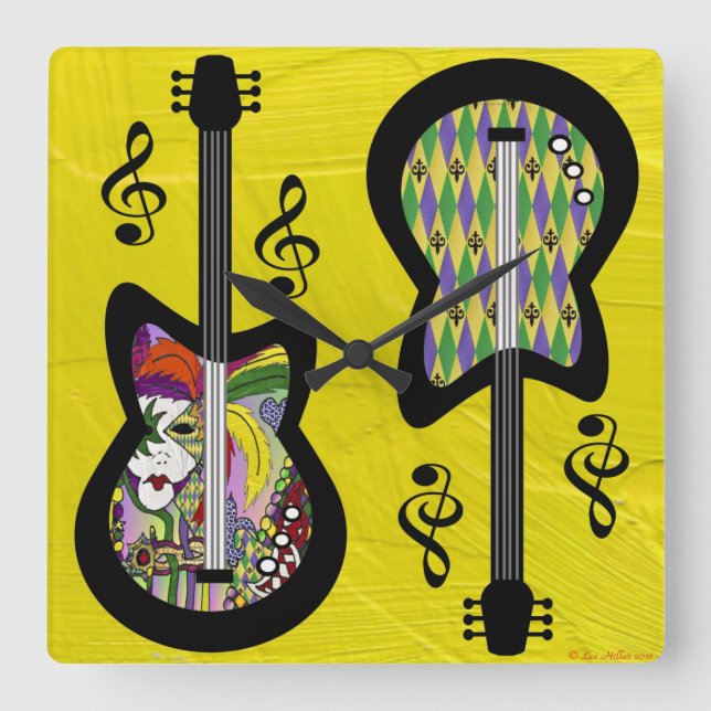 Colorful Mardi Gras Guitars Square Wall Clock (Front)