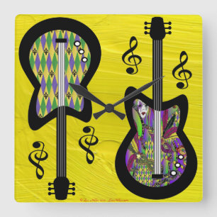 Colorful Mardi Gras Guitars Square Wall Clock