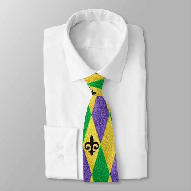 Colorful Mardi Gras Harlequin Fleur De Lis Tie (Tied)