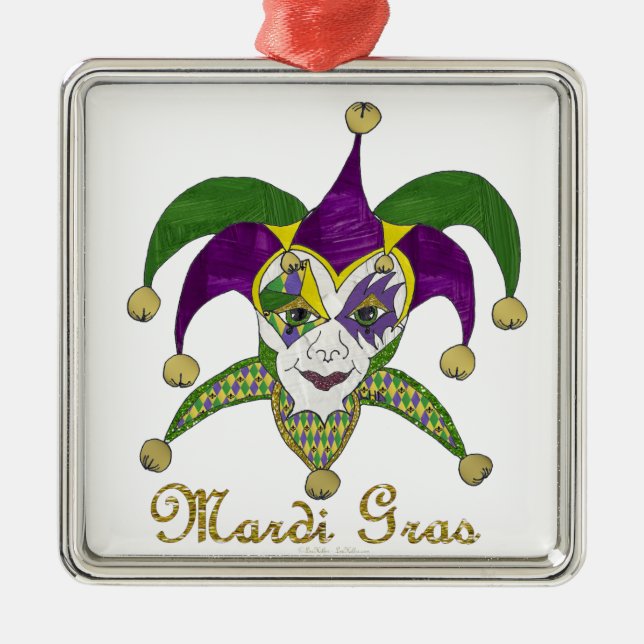 Colorful Mardi Gras Jesters Mask Metal Ornament (Front)