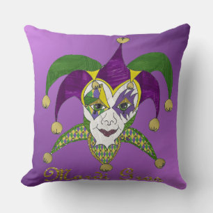 Colorful Mardi Gras Jesters Mask Purple Throw Pillow
