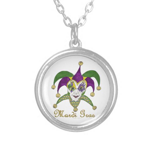 Colorful Mardi Gras Jesters Mask Silver Plated Necklace