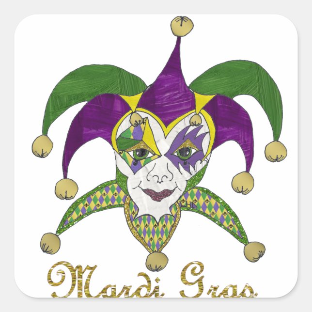 Colorful Mardi Gras Jesters Mask Square Sticker (Front)