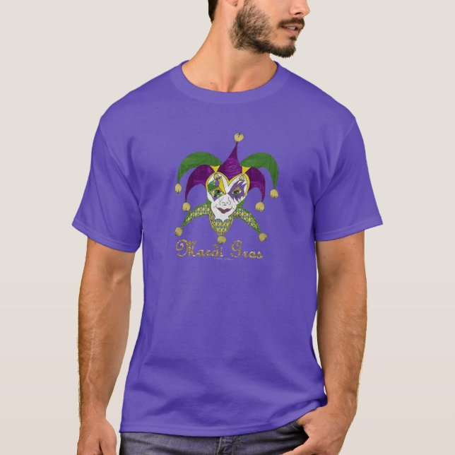 Colorful Mardi Gras Jesters Mask T-Shirt (Front)