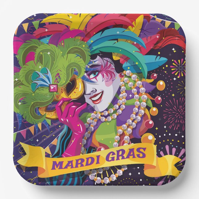 Colorful Mardi Gras Masked Poster Paper Plates (Front)