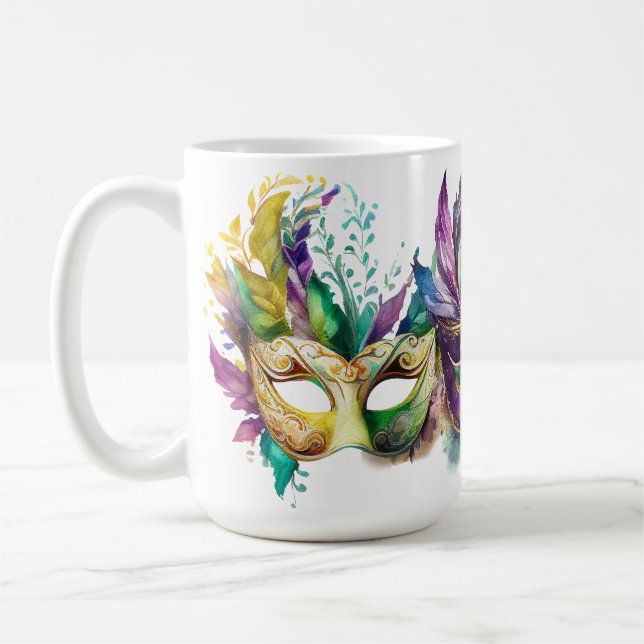 COLORFUL MARDI GRAS MASKS COFFEE MUG (Left)