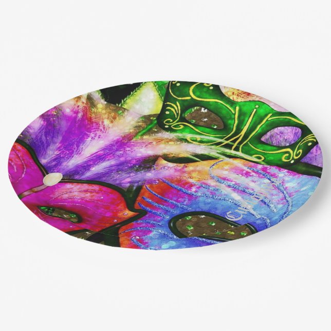 Colorful Mardi Gras Masks Paper Plates (Angled)