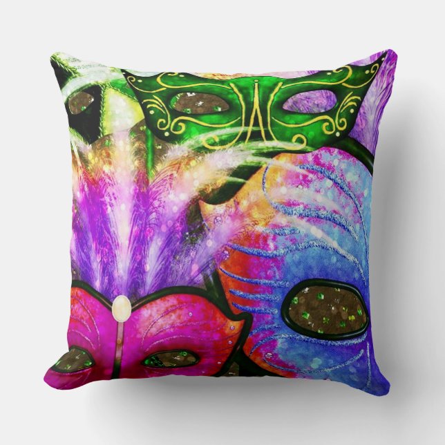 Colorful Mardi Gras Masks Throw Pillow (Front)