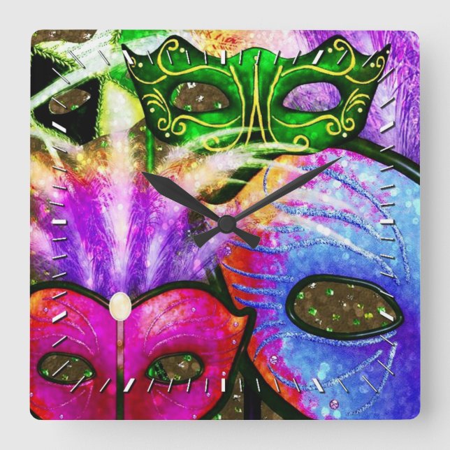 Colorful Mardi Gras Masks Wall Clock (Front)