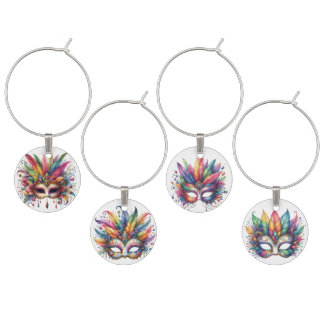 COLORFUL MARDI GRAS MASKS WITH FEATHERS WINE CHARM