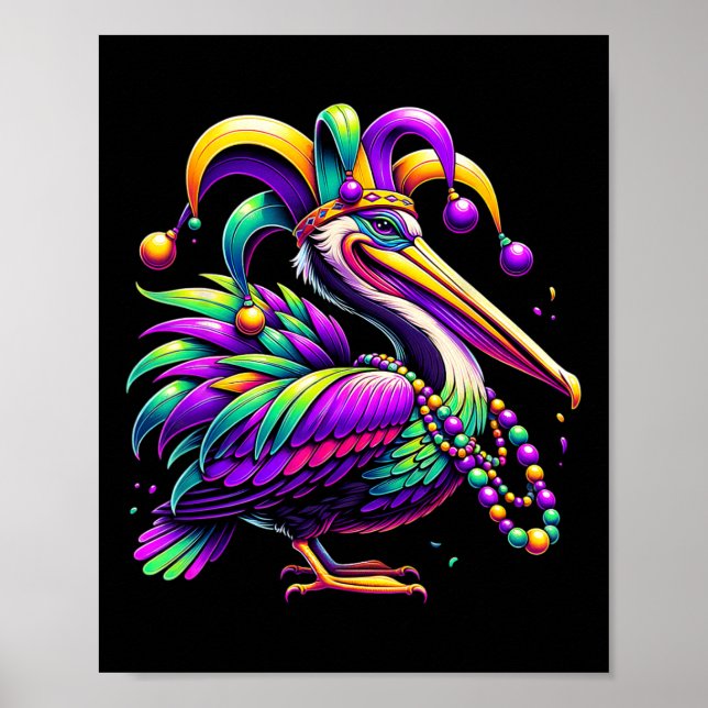 Colorful Mardi Gras Pelican Louisiana Jester Hat B Poster (Front)