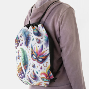 COLORFUL MARDI GRAS THEMED MASKS & BEADS DRAWSTRING BAG