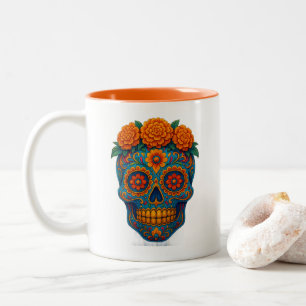 Colorful Marigold Day of the Dead Sugar Skull Two-Tone Coffee Mug